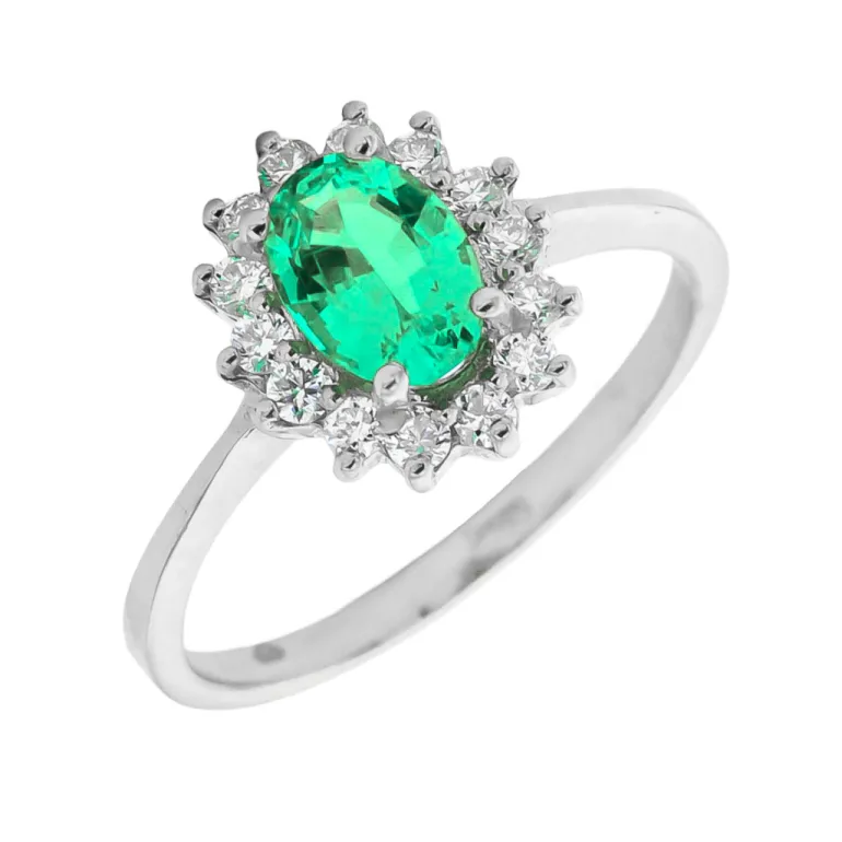 Anillo Rosetón Esmeralda Diamantes Oro Blanco 18K
